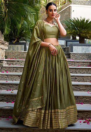Woven Chanderi Silk Lehenga in Dark Olive Green