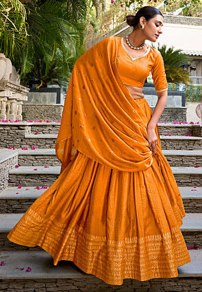 Woven Chanderi Silk Lehenga in Orange