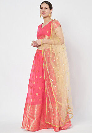 Woven Chanderi Silk Lehenga in Pink