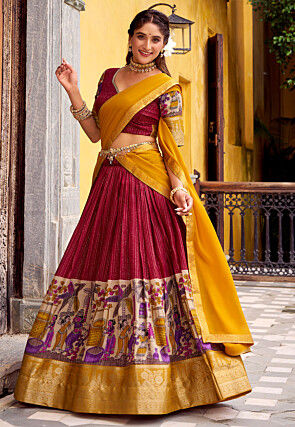 Woven Chanderi Silk Lehenga in Red