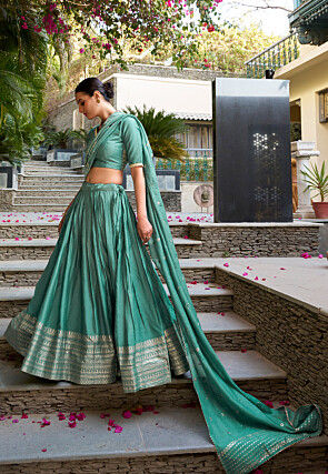 Woven Chanderi Silk Lehenga in Sea Green