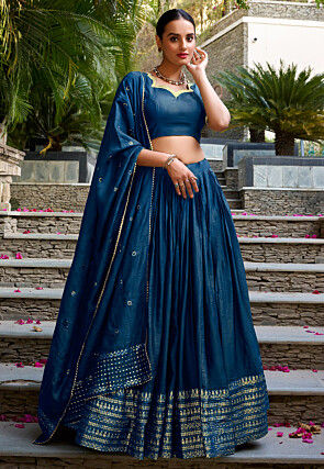 Woven Chanderi Silk Lehenga in Teal Blue