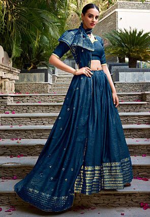 Woven Chanderi Silk Lehenga in Teal Blue