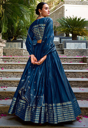 Woven Chanderi Silk Lehenga in Teal Blue