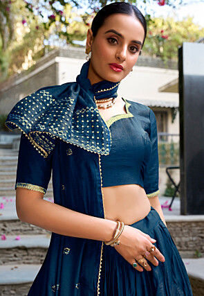 Woven Chanderi Silk Lehenga in Teal Blue