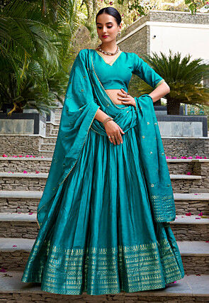 Woven Chanderi Silk Lehenga in Turquoise