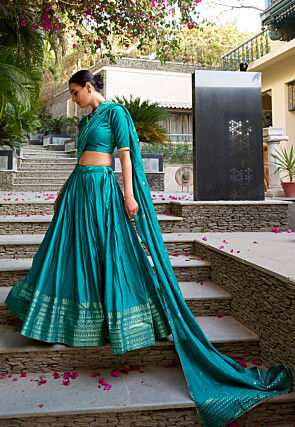 Woven Chanderi Silk Lehenga in Turquoise