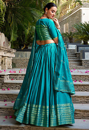 Woven Chanderi Silk Lehenga in Turquoise