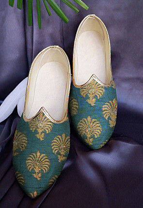 Woven Chanderi Silk Men Jutti in Teal Green
