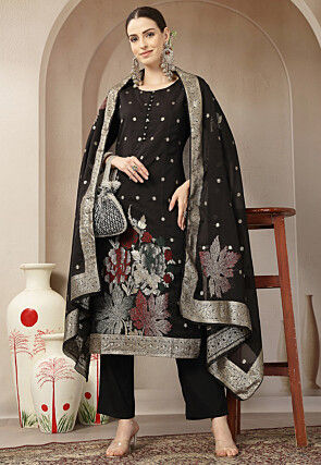 Woven Chanderi Silk Pakistani Suit in Black