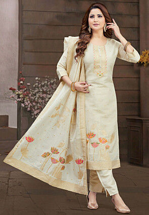 Woven Chanderi Silk Pakistani Suit in Cream