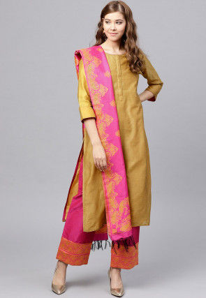 Woven Chanderi Silk Pakistani Suit in Mustard