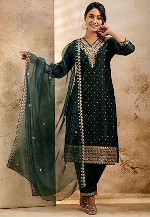 Woven Chanderi Silk Pakistani Suit in Dark Green