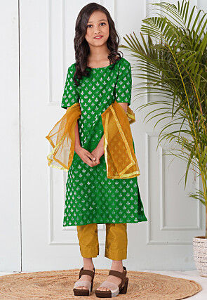 Woven Chanderi Silk Pakistani Suit in Green