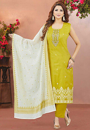 Woven Chanderi Silk Pakistani Suit in Light Olive Green