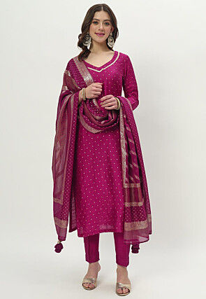 Woven Chanderi Silk Pakistani Suit in Magenta