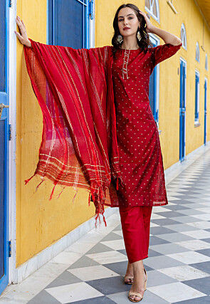 Woven Chanderi Silk Pakistani Suit in Maroon
