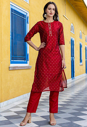Woven Chanderi Silk Pakistani Suit in Maroon