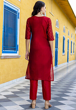 Woven Chanderi Silk Pakistani Suit in Maroon