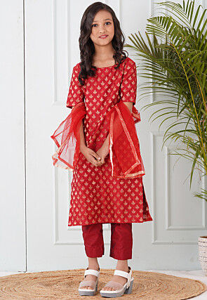 Woven Chanderi Silk Pakistani Suit in Maroon