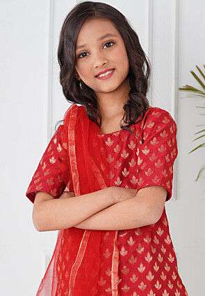 Woven Chanderi Silk Pakistani Suit in Maroon