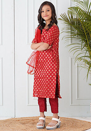 Woven Chanderi Silk Pakistani Suit in Maroon