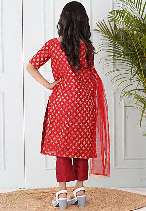 Woven Chanderi Silk Pakistani Suit in Maroon