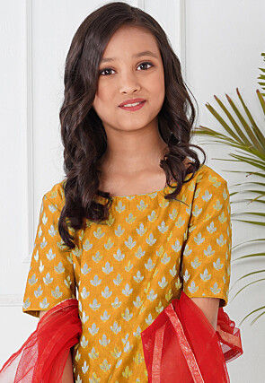 Woven Chanderi Silk Pakistani Suit in Mustard
