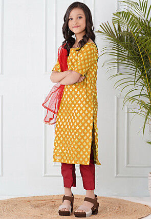 Woven Chanderi Silk Pakistani Suit in Mustard
