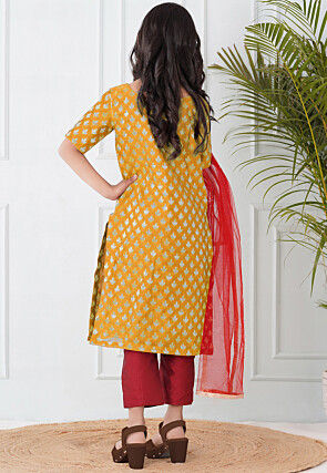 Woven Chanderi Silk Pakistani Suit in Mustard