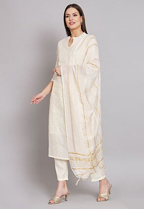 Woven Chanderi Silk Pakistani Suit in Off White