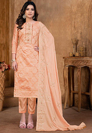 Woven Chanderi Silk Pakistani Suit in Peach