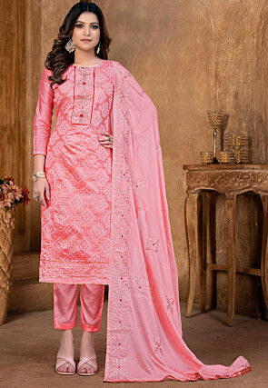 Woven Chanderi Silk Pakistani Suit in Pink