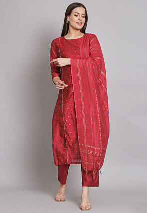 Woven Chanderi Silk Pakistani Suit in Red