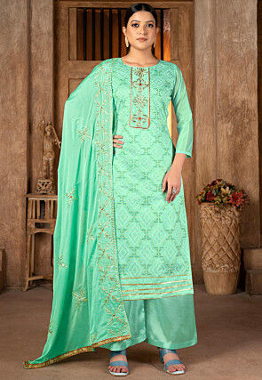 Woven Chanderi Silk Pakistani Suit in Sea Green