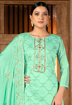 Woven Chanderi Silk Pakistani Suit in Sea Green