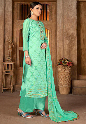 Woven Chanderi Silk Pakistani Suit in Sea Green
