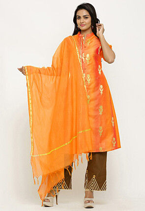 Woven Chanderi Silk Pakistani Suit in Shaded Orange