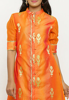 Woven Chanderi Silk Pakistani Suit in Shaded Orange