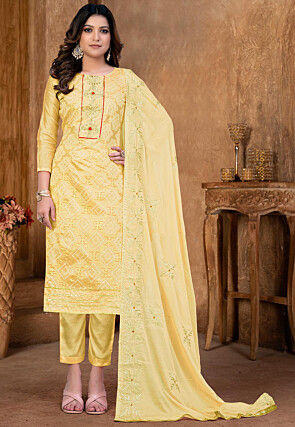 Woven Chanderi Silk Pakistani Suit in Yellow