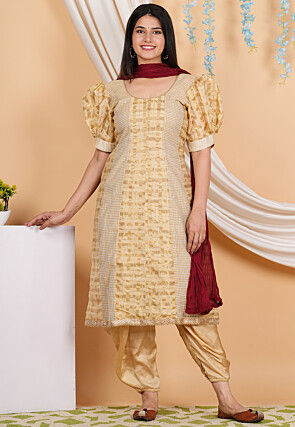 Woven Chanderi Silk Punjabi Suit in Beige