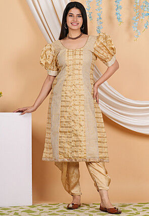 Woven Chanderi Silk Punjabi Suit in Beige