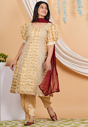 Woven Chanderi Silk Punjabi Suit in Beige