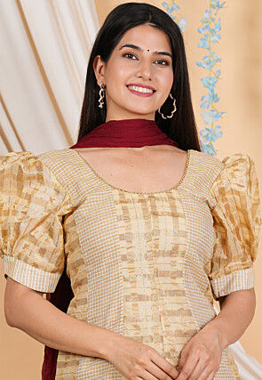 Woven Chanderi Silk Punjabi Suit in Beige