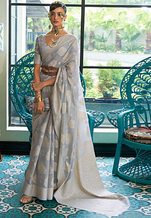Woven Chanderi Silk Saree in Grey