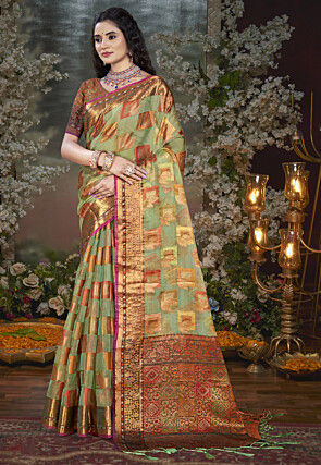 Woven Chanderi Silk Saree in Light Green
