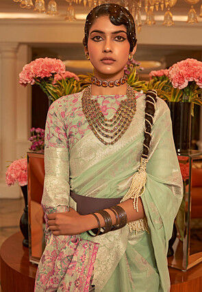 Woven Chanderi Silk Saree in Pastel Green