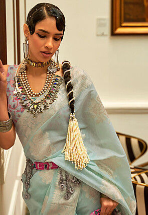Woven Chanderi Silk Saree in Sky Blue
