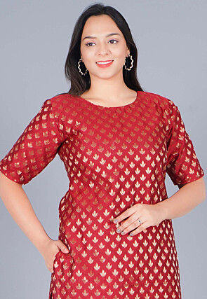 Woven Chanderi Straight Suit in Maroon