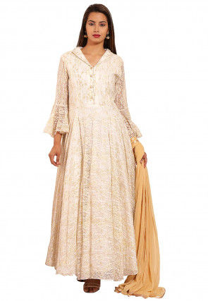 Woven Chantelle Net Abaya Style Suit in Off White
